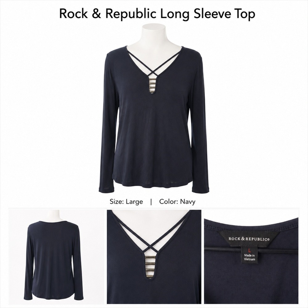 Rock & Republic Womens Large Navy Blue Long Sleeve V-Neck Strappy Metallic Top